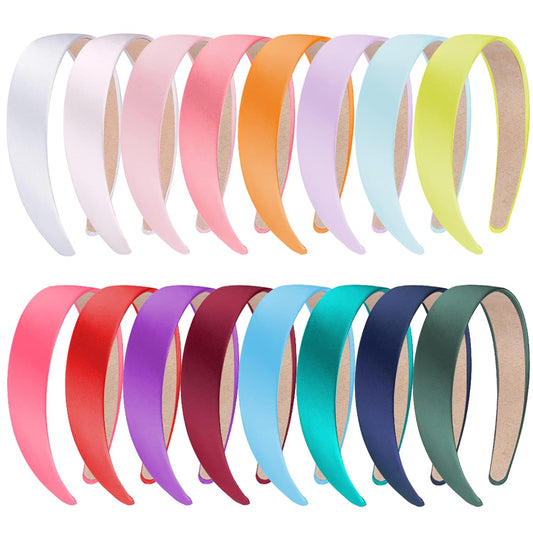 16 Pieces Colorful Satin Hair Accessories - 1 Inch Plastic Covered Headbands for Women and Girls