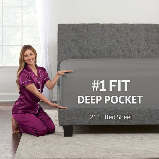 Deep Pocket Queen Fitted Sheet – 17” - 21” Inch + Extra Deep Pocket Fitted Sheet Only - 1 Fitted Bed Sheet with Deep Pockets for Pillow Top Mattress Soft Queen Size Fitted Sheets Grey