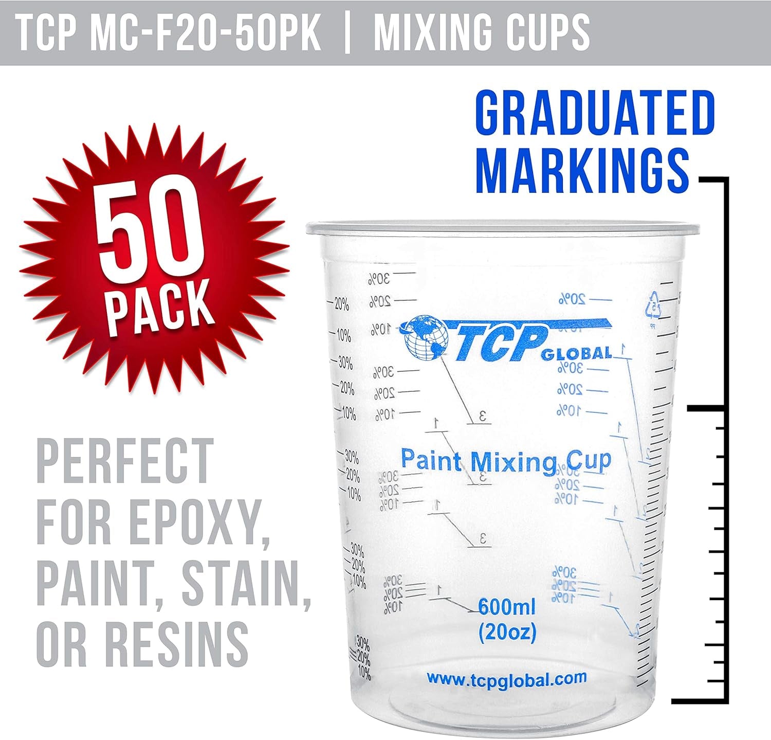 20 Oz. (600Ml) Graduated Plastic Mixing Cups - Box of 50 with 50 Mixing Sticks - Disposable Plastic Measuring Cups for Liquids, Paints, Resin, Epoxy, Art, Kitchen - Ratios 2-1, 3-1, 4-1 ML