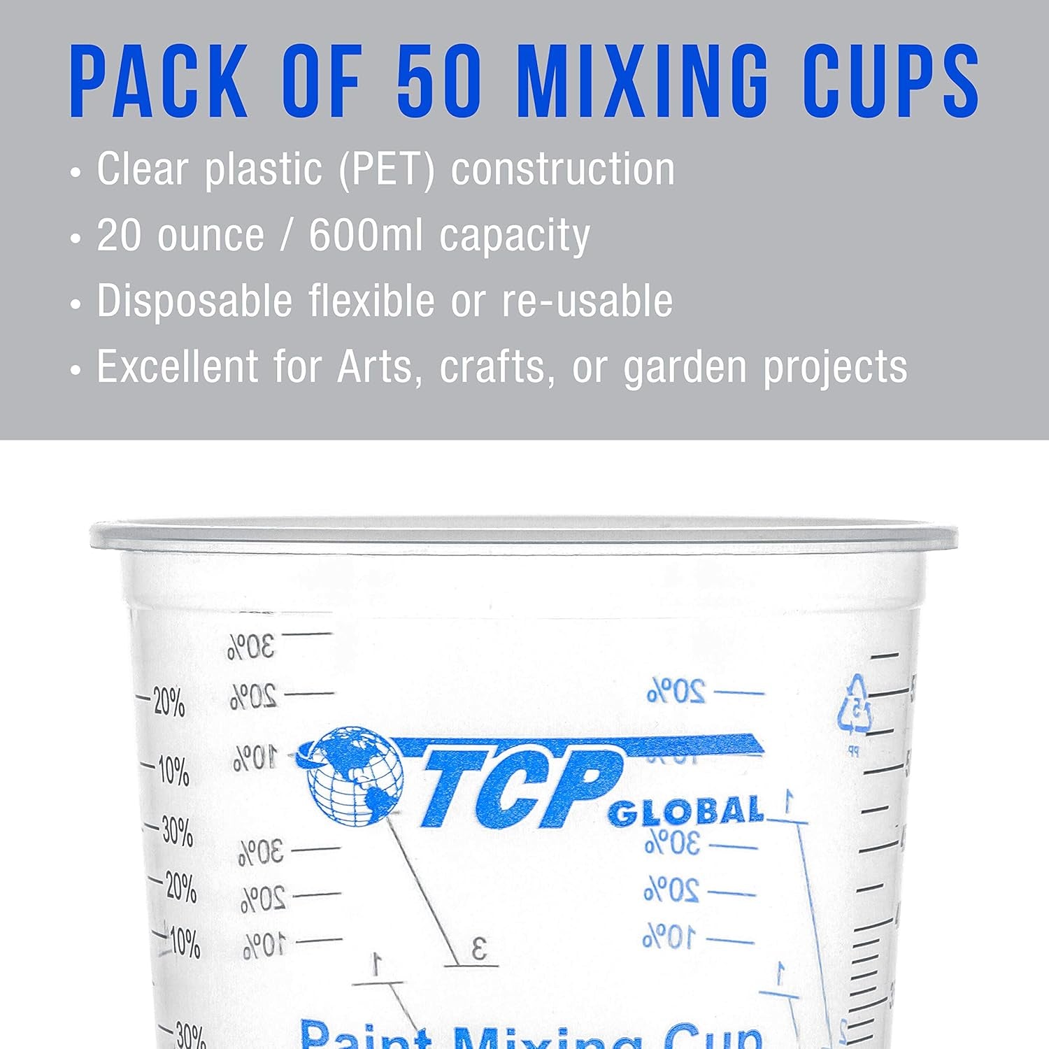 20 Oz. (600Ml) Graduated Plastic Mixing Cups - Box of 50 with 50 Mixing Sticks - Disposable Plastic Measuring Cups for Liquids, Paints, Resin, Epoxy, Art, Kitchen - Ratios 2-1, 3-1, 4-1 ML