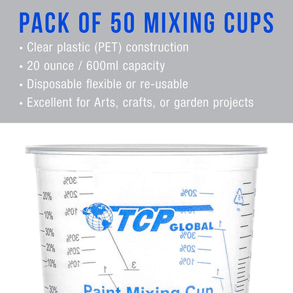20 Oz. (600Ml) Graduated Plastic Mixing Cups - Box of 50 with 50 Mixing Sticks - Disposable Plastic Measuring Cups for Liquids, Paints, Resin, Epoxy, Art, Kitchen - Ratios 2-1, 3-1, 4-1 ML