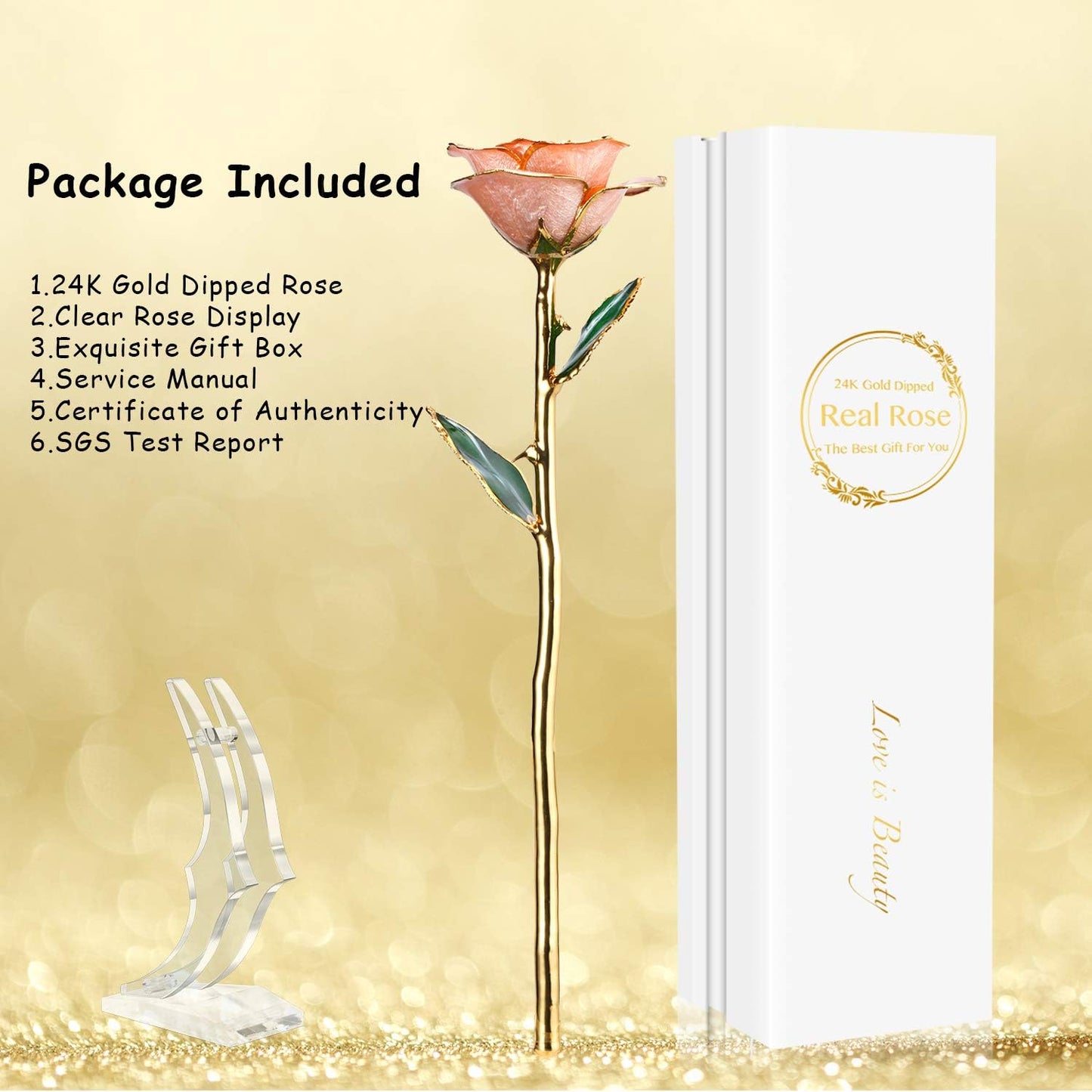 24K Gold Rose, Gold Dipped Rose Made from Real Rose Best Gifts for Her and Great Gifts for Wife, Pink with Stand