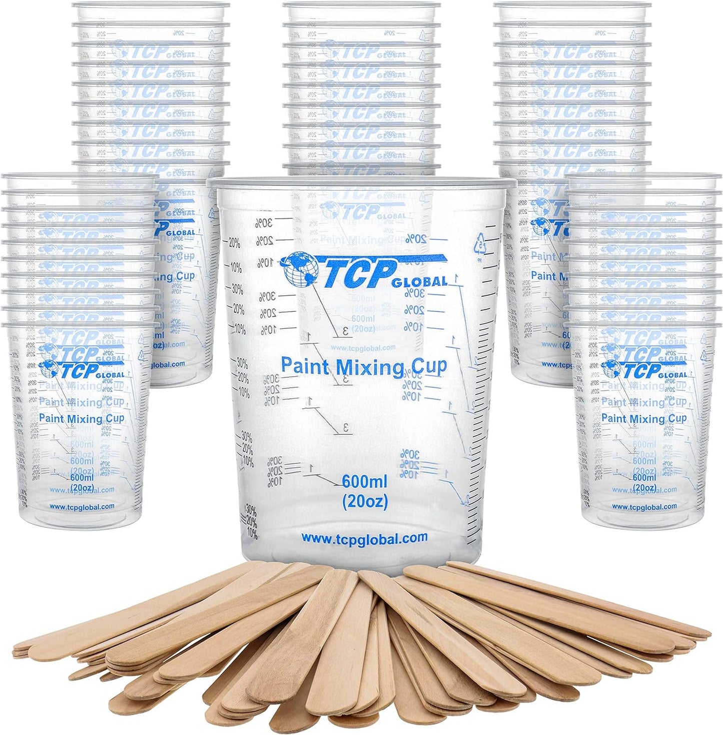 20 Oz. (600Ml) Graduated Plastic Mixing Cups - Box of 50 with 50 Mixing Sticks - Disposable Plastic Measuring Cups for Liquids, Paints, Resin, Epoxy, Art, Kitchen - Ratios 2-1, 3-1, 4-1 ML