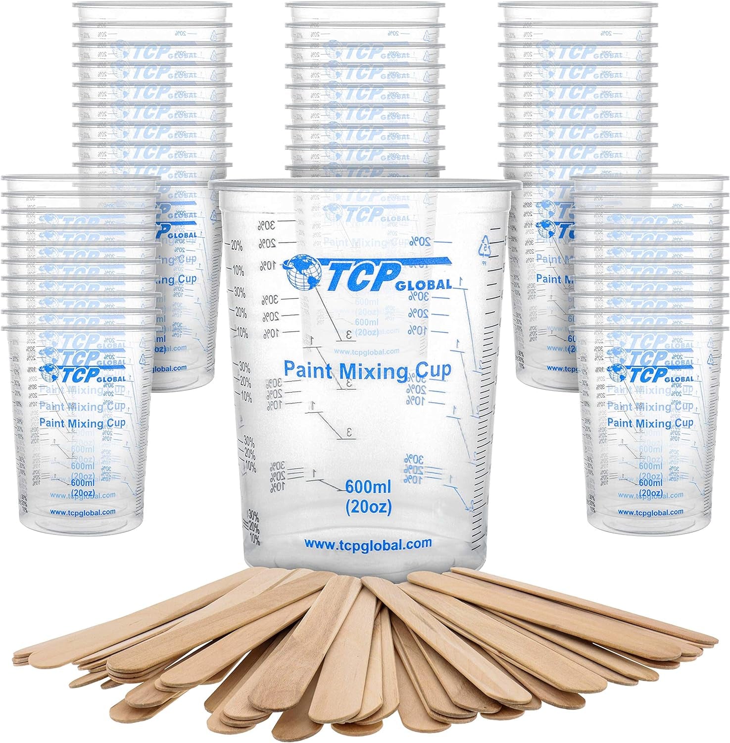 20 Oz. (600Ml) Graduated Plastic Mixing Cups - Box of 50 with 50 Mixing Sticks - Disposable Plastic Measuring Cups for Liquids, Paints, Resin, Epoxy, Art, Kitchen - Ratios 2-1, 3-1, 4-1 ML