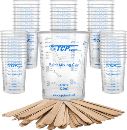 20 Oz. (600Ml) Graduated Plastic Mixing Cups - Box of 50 with 50 Mixing Sticks - Disposable Plastic Measuring Cups for Liquids, Paints, Resin, Epoxy, Art, Kitchen - Ratios 2-1, 3-1, 4-1 ML