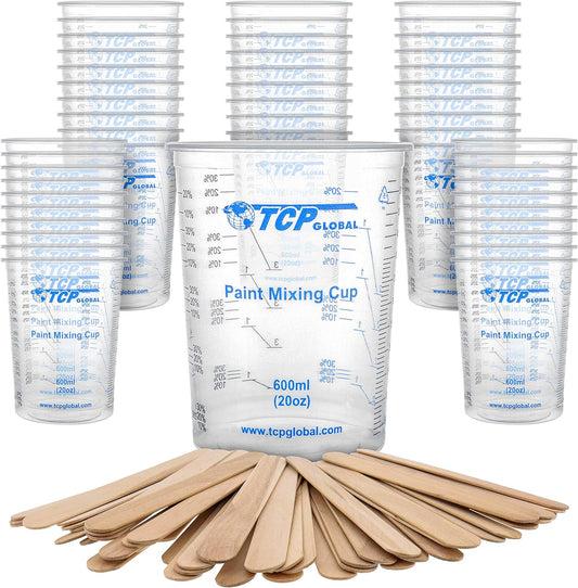 20 Oz. (600Ml) Graduated Plastic Mixing Cups - Box of 50 with 50 Mixing Sticks - Disposable Plastic Measuring Cups for Liquids, Paints, Resin, Epoxy, Art, Kitchen - Ratios 2-1, 3-1, 4-1 ML
